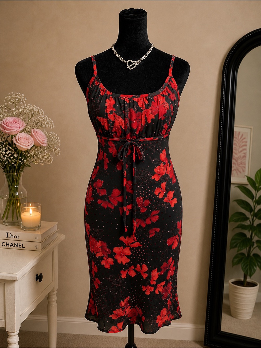 Younique floral mesh midi dress red black rhinestone tie front size S Y2K